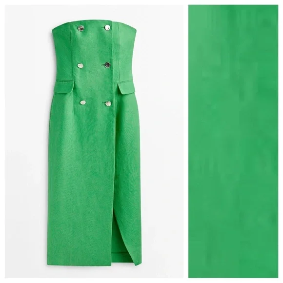 NWT. Massimo Dutti Studio Green 100% Linen Strapless Midi Dress. Size S.